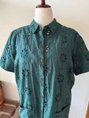 LOFT Teal Green Eyelet Button-Front Dress 100% Cotton